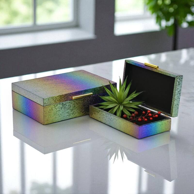 Nimue Set of 2 Rectangular Decorative Storage Boxes - Prismatic Fish Scale Pattern with Gold Hardware - Rainbow