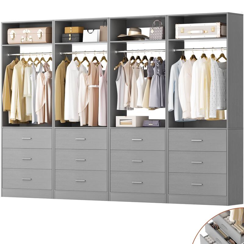 Kyrvo Freestanding Closet Sytem with 3 Wooden Drawers and Hanging Rod and Storage Shelf, Walk-in Closet Organizer Wardrobe