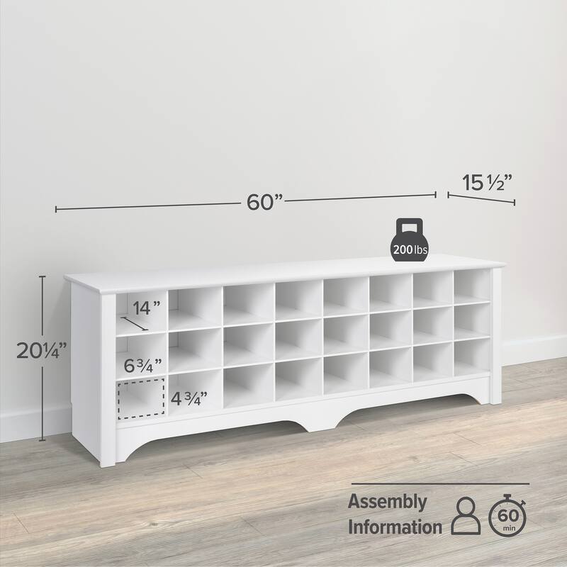 Prepac 24 pair Shoe Storage Cubby Bench, Multiple Finishes