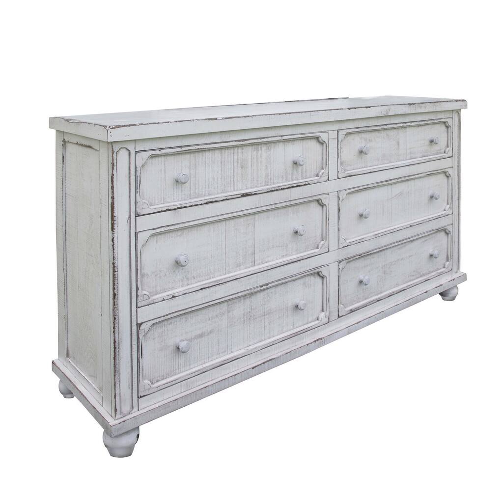 Genie 70 Inch Dresser, 6 Drawers, Turned Feet, White Solid Mango Wood