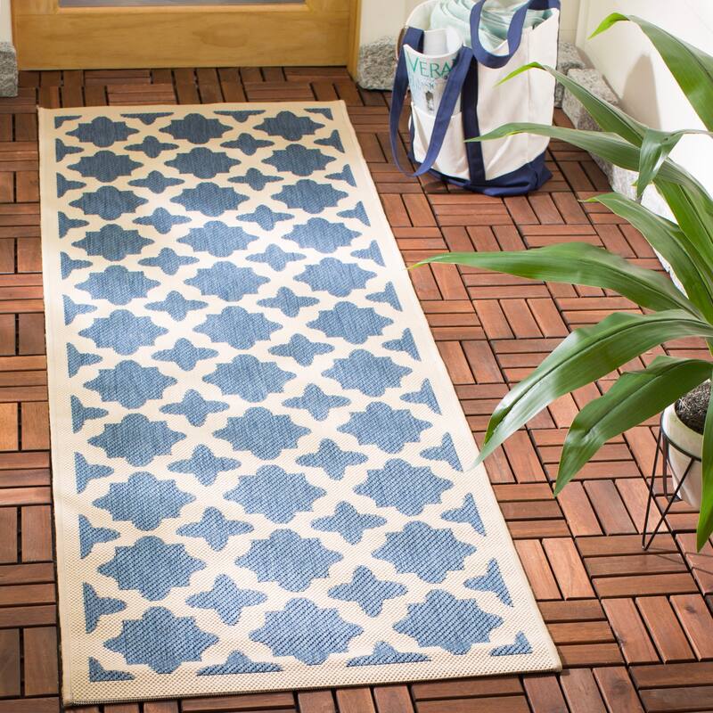 SAFAVIEH Courtyard Dorthey Indoor/ Outdoor Waterproof Patio Backyard Rug - 2'3" x 10' Runner - Blue/Beige