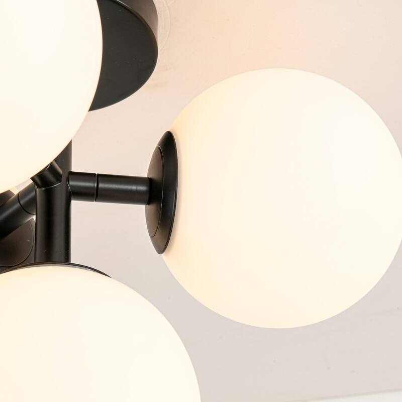 4-Light Mid-Century Modern Sputnik Brushed Gold/Matte Black Finish Semi-Flush Mount Ceiling Light with Opal Glass Globes
