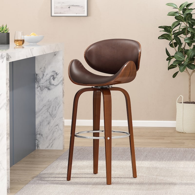 Mid Century Modern Bar Stool Brown PU Swivel Seat Bentwood Frame Chrome Footrest 30 Inch Bar Height