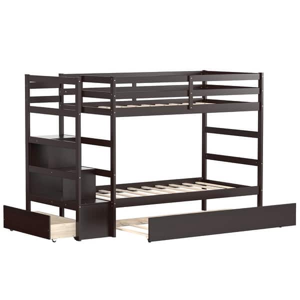 slide 2 of 27, Costway Twin Over Twin Bunk Bed with Trundle Stairway and Storage - 39'' x 75''
