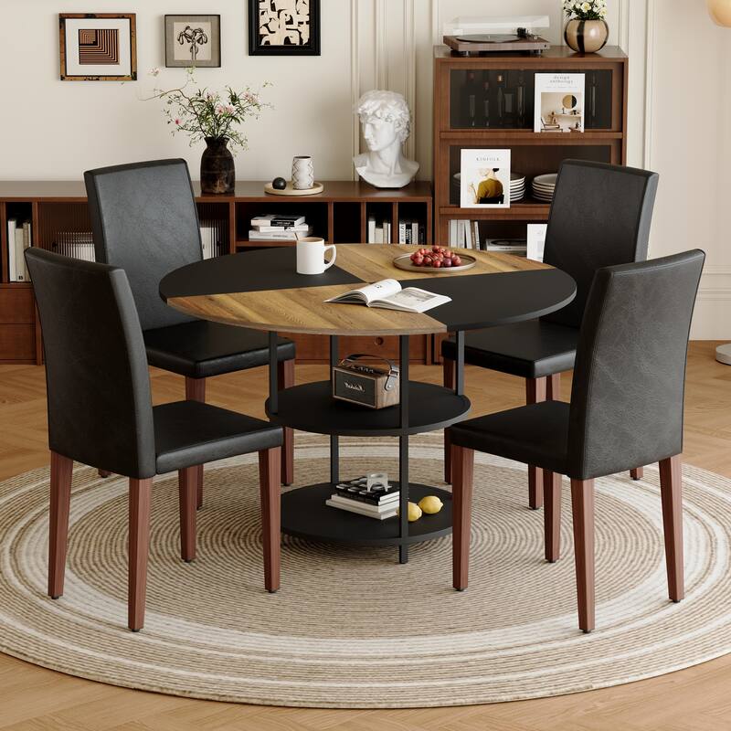 Roomfitters 5/7pcs Round Color Spliced Dining Table Set with Double Storage and PU Dining Chairs, Black+Walnut