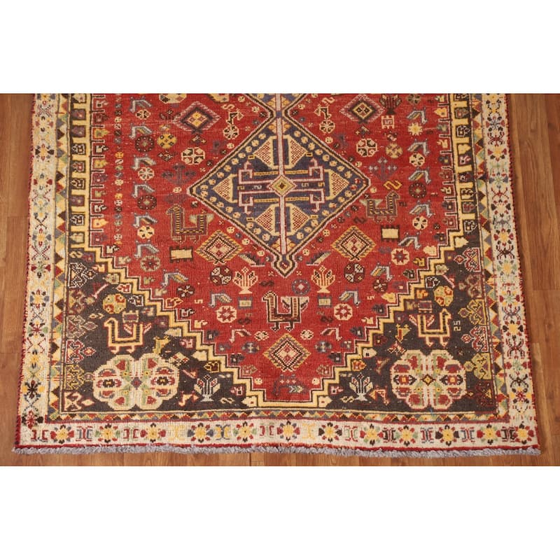 Red Animals Tribal Shiraz Persian Vintage Rug Handmade Wool Carpet - 4'6"x 8'0"