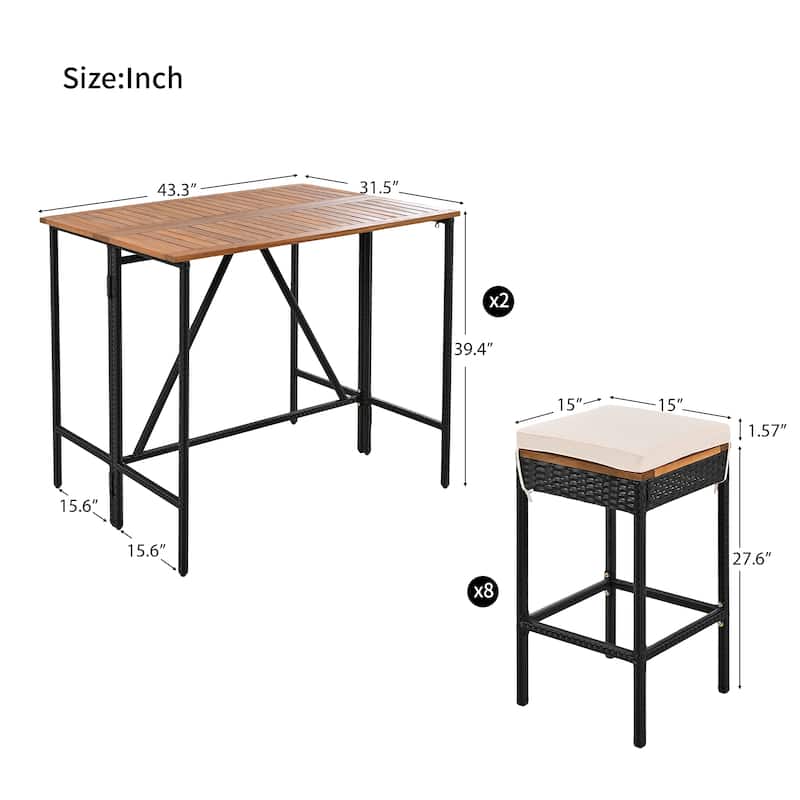 10-Piece Outdoor Acacia Wood Bar Height Dining Table Set, Garden PE Rattan Wicker Foldable Dining Table, Dining Bistro Set