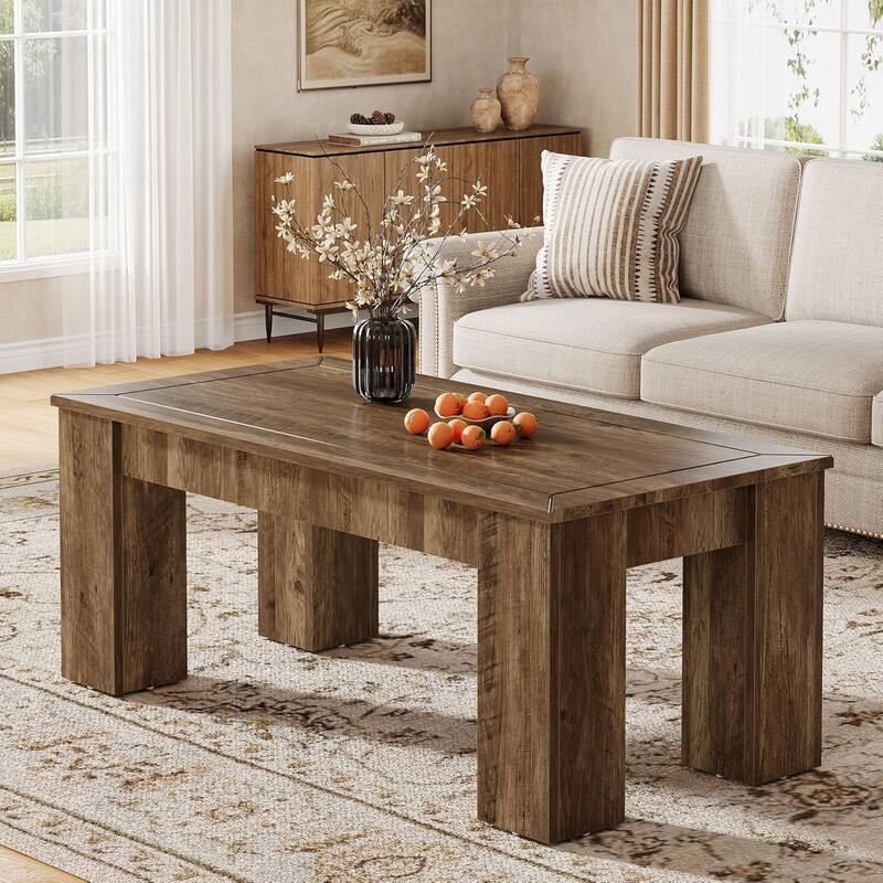 47-Inch Farmhouse Wood Coffee Table for Living Room, Rectangle Center Cocktail Table with Sturdy Legs - Brown