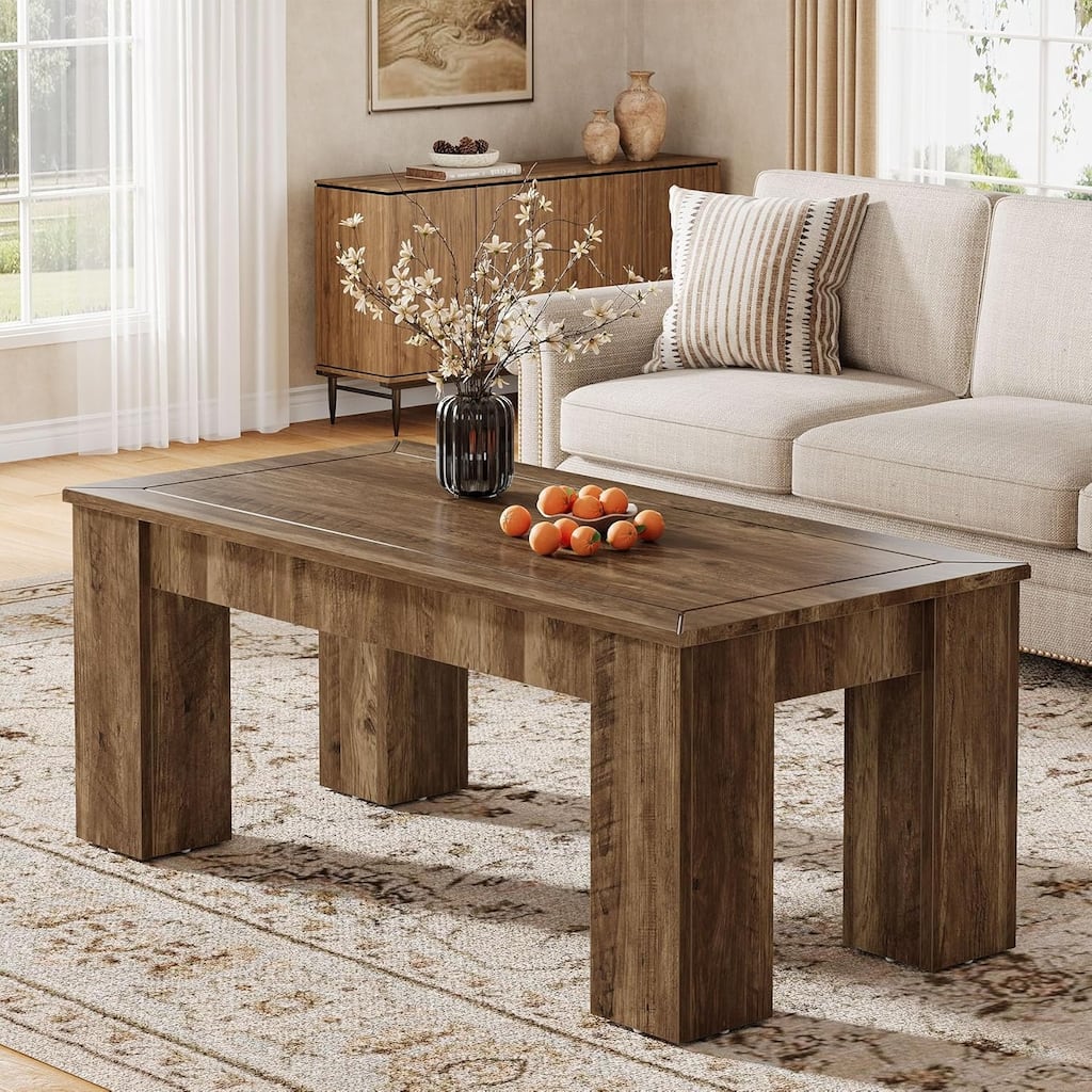 47-Inch Farmhouse Wood Coffee Table for Living Room, Rectangle Center Cocktail Table with Sturdy Legs
