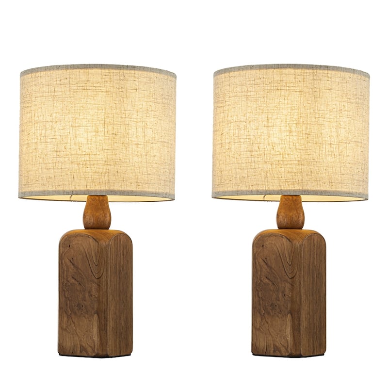 Farmhouse Traditional Natural Brown Solid Wood Base Table Lamp with Beige Fabric Shade for Bedroom Living Room（Set of 2)