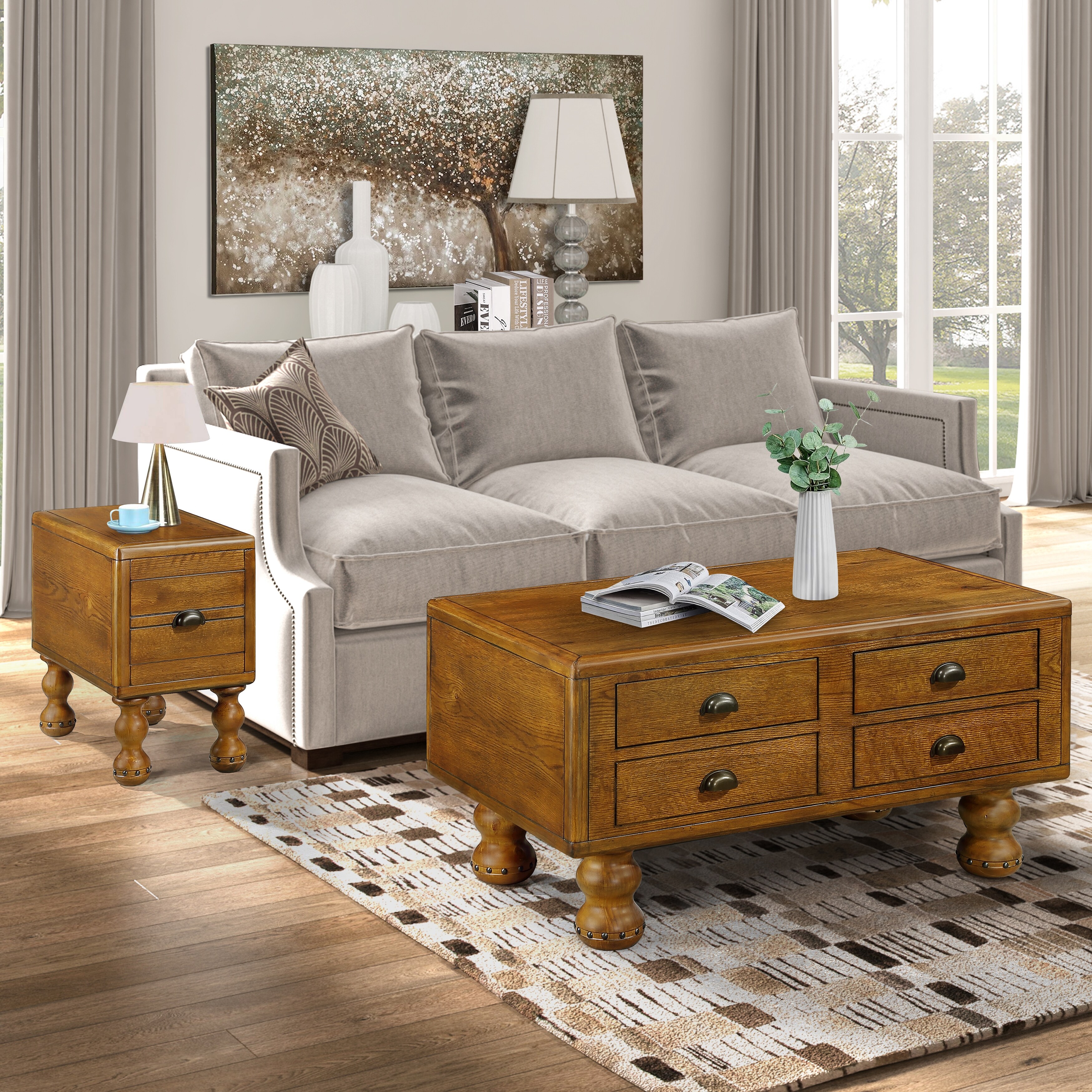 40 Inch Antique Coffee Table with 4 Drawers Wood Center Table Tea Table with Rivet Decoration Legs