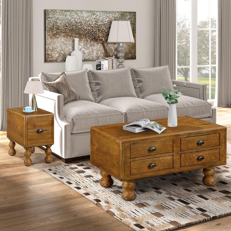 Rectangle Coffee Table, 40-Inch Antique Coffee Table with 4 Drawers,Wood Center Table Tea Table with Rivet Decoration Legs