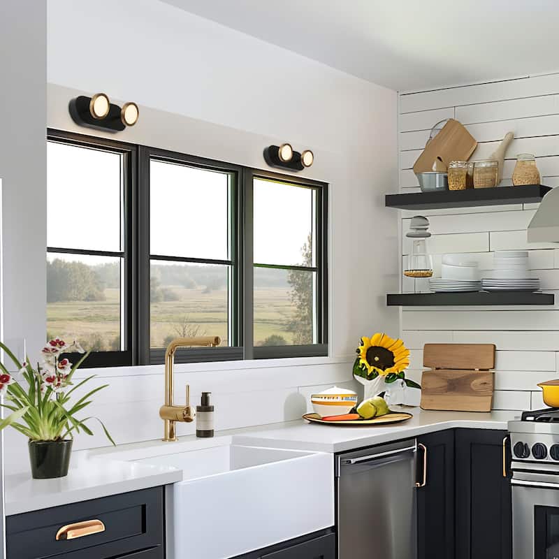 Modern 2-Light Black Gold LED Wall Sconces Bathroom Vanity Lights with Adjustable Shades - 11.8" L x 3.3" W x 4.3" H