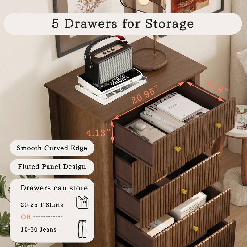 Fluted 5 Drawer Dresser, 45 Inch Tall Modern Chest Of Drawers, Bedroom Dresser With Metal Handle, Wooden Drawer Organizer