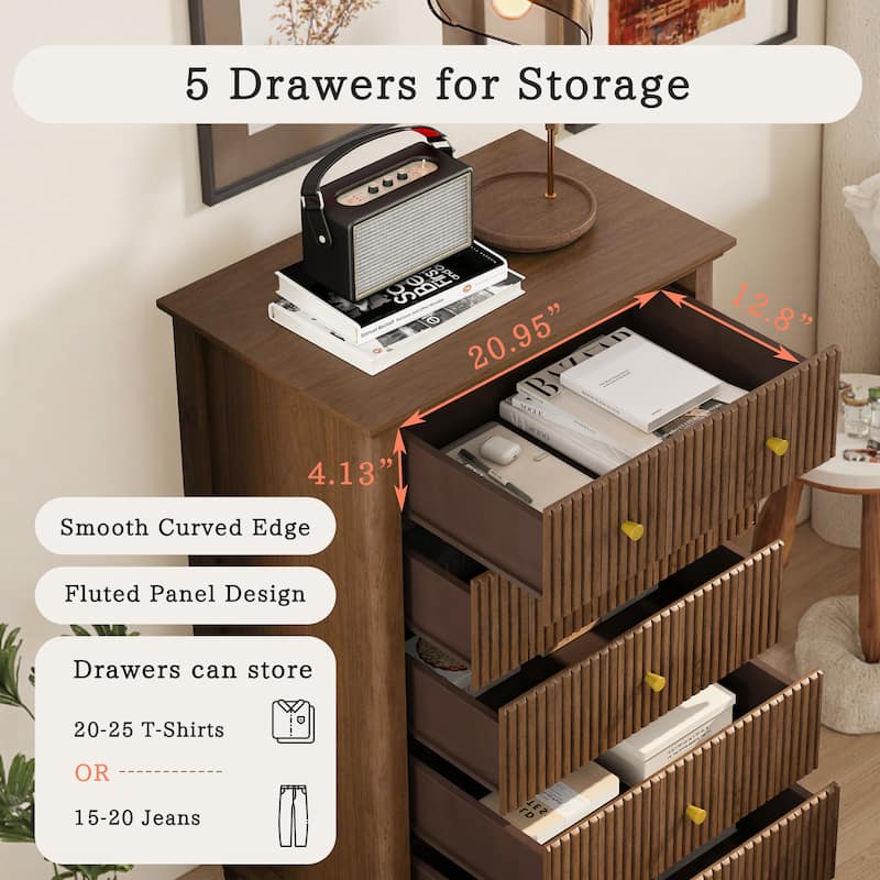 Fluted 5 Drawer Dresser, 45 Inch Tall Modern Chest of Drawers, Bedroom Dresser with Metal Handle, Wooden Drawer Organizer