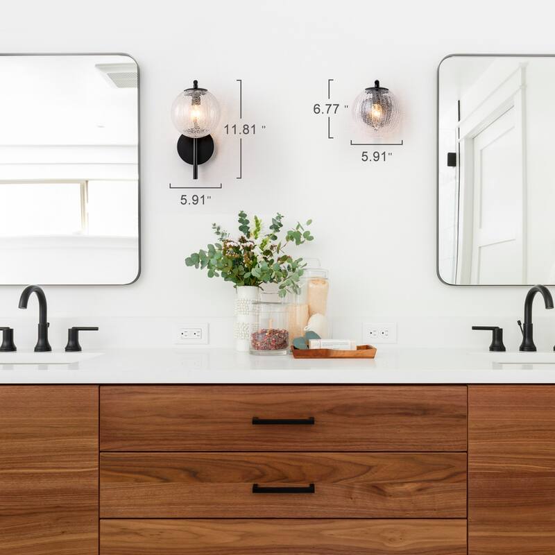 Modern Matte Black Metal Wall Sconce Round Clear Cracked Glass Shade