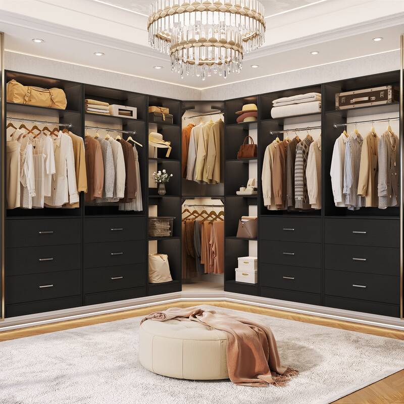 Corner Closet System with 6 Drawers & 4 Hanging Rods,Set of 3,Reversible Walk-in Closet Organizer System with Adjustable Shelves
