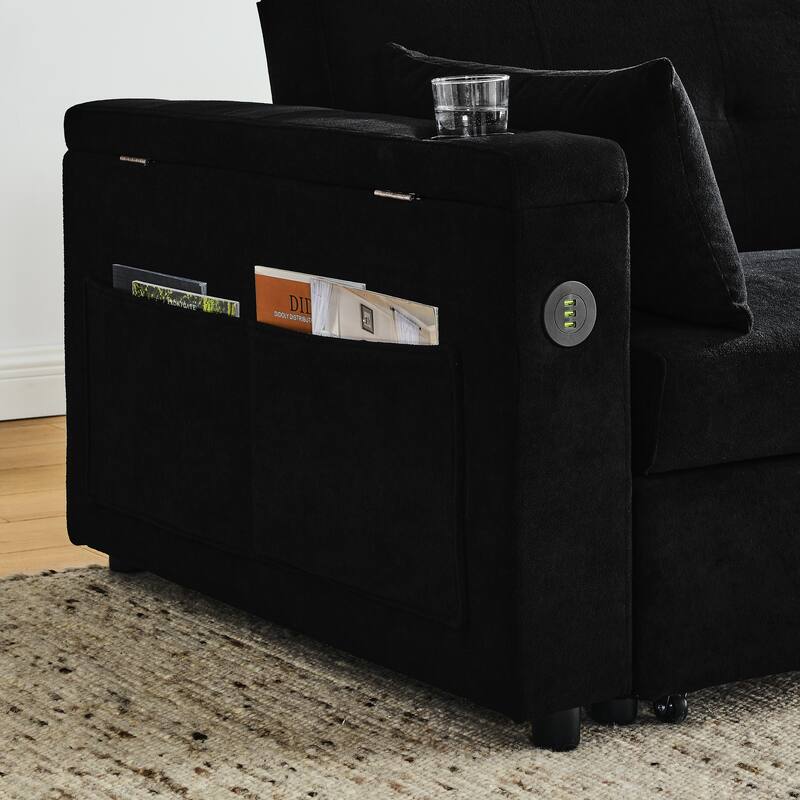 Chenille Pull-Out Sleeper Loveseat Bed Adjustable Backrest Tufted Futon Sofa with 2 Pillow and USB Ports, Pockets