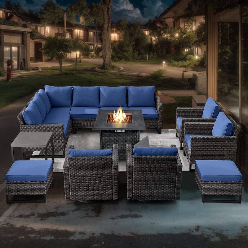 Pocassy Outdoor PE Wicker Sofa Conversation Set - Grey - Blue