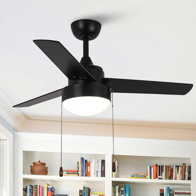42" Modern Black Wooden Indoor Ceiling Fan Light with Pull Chain