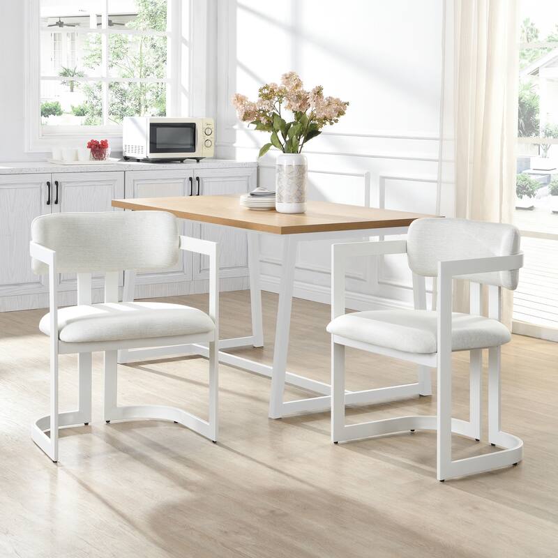 Upholstered Dining Chairs Set of 2, Fabric Armchairs with Metal Frame - Beige - White