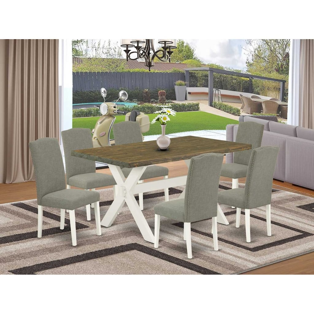 7-Piece Rectangle Distressed Jacobean Finish Solid Wood Top Dining Table with 6 Parson-Chairs with