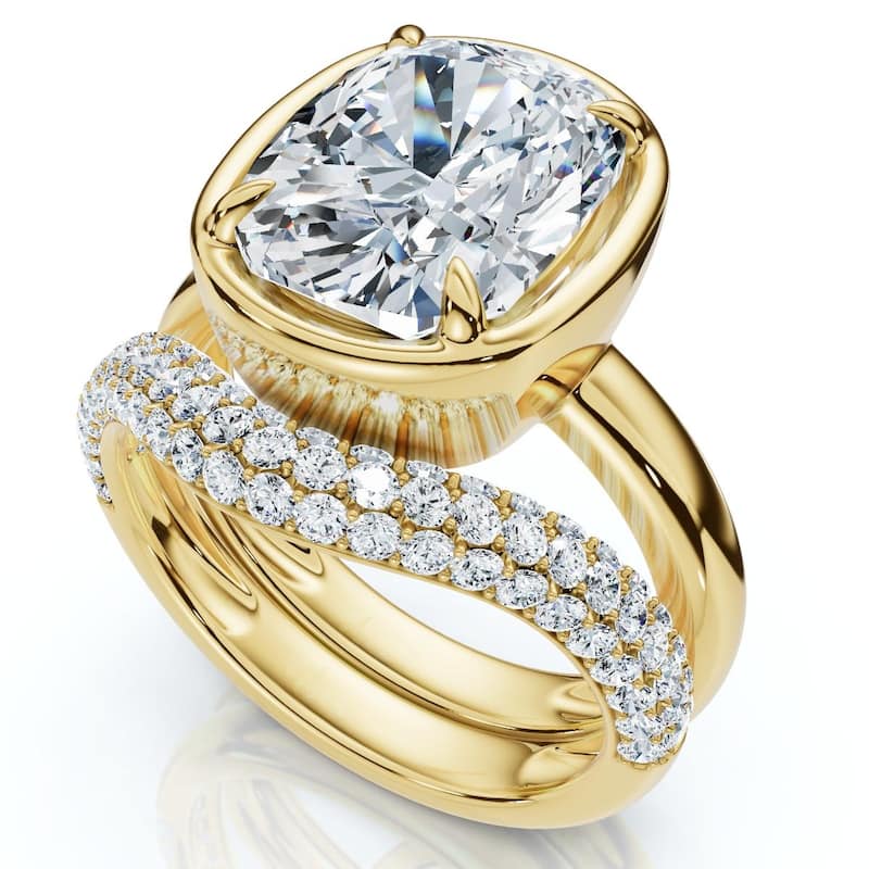 Bliss Diamond Certified 4 1/2Ct Cushion Pave Andrea Engagement Wedding Ring Set Gold Lab Grown - 7 - Yellow