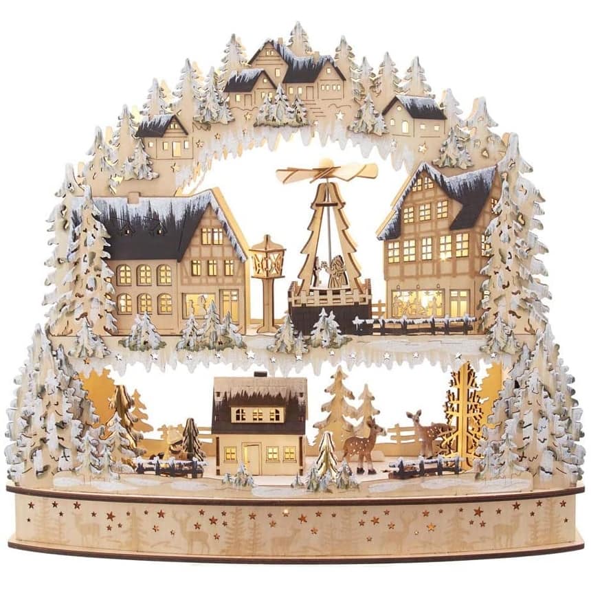 Kurt Adler 16-Inch Battery-Operated Light-Up Wooden Village with Motion