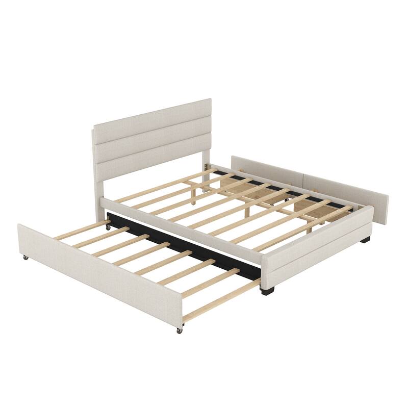Queen Size Platform Bed with Two Drawers Storage Bed and Upholstered Headboard, Pull-out Trundle Bed for Bedroom
