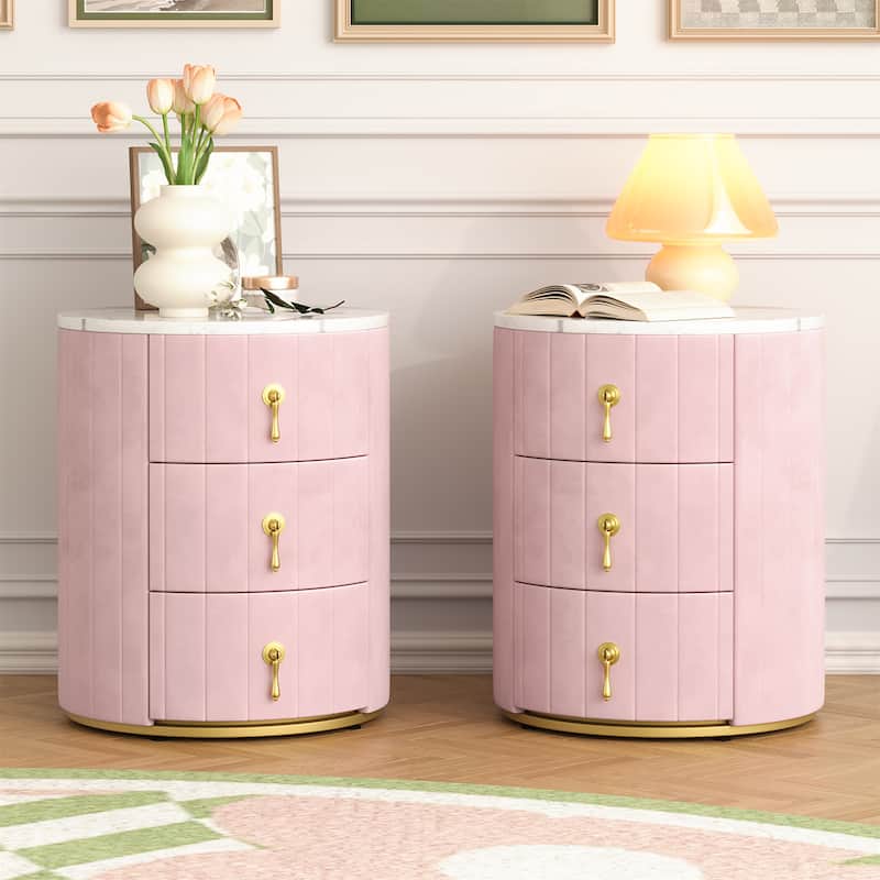 Upholstered Nightstand with 3 Drawers and Metal Handles (Set of 2)