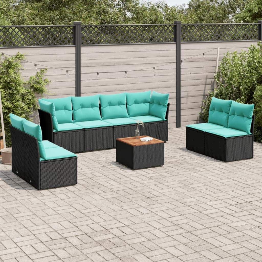 vidaXL 9 Piece Patio Sofa Set with Cushions Black Poly Rattan - 92.1x33.5x48.8