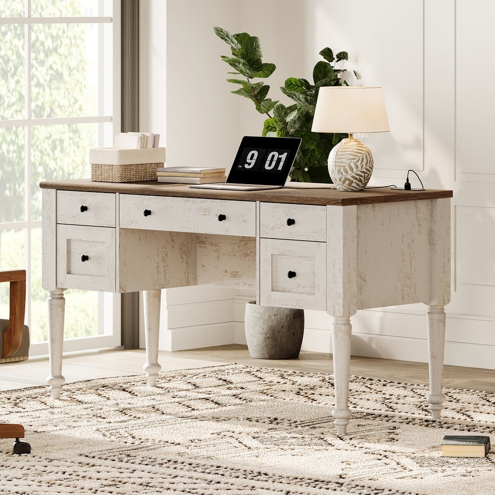 56'' Farmhouse Executive Desk with Drawers White/Oak - 5 Drawers and 2 Doors