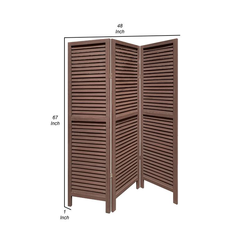 67 Inch 3 Panel Shutter Screen Room Divider, Fitted Slats, Washed Brown