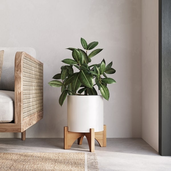 Raya White Mid-Century Modern Indoor Metal Pot Planter with Arch Wood Base - 14.75" H x 12" W