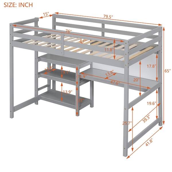 Stylish & Simple Twin Size Wooden Loft Bed with Shelves, Desk and Writing Board, Maximized space, Health and Comfort, Grey