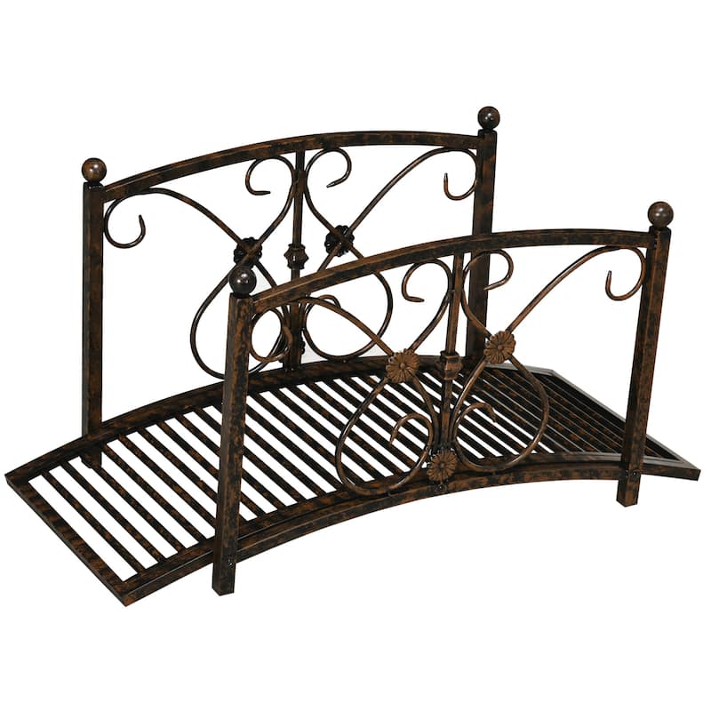 Metal Arch Zen Garden Bridge with Safety Siderails - Brown