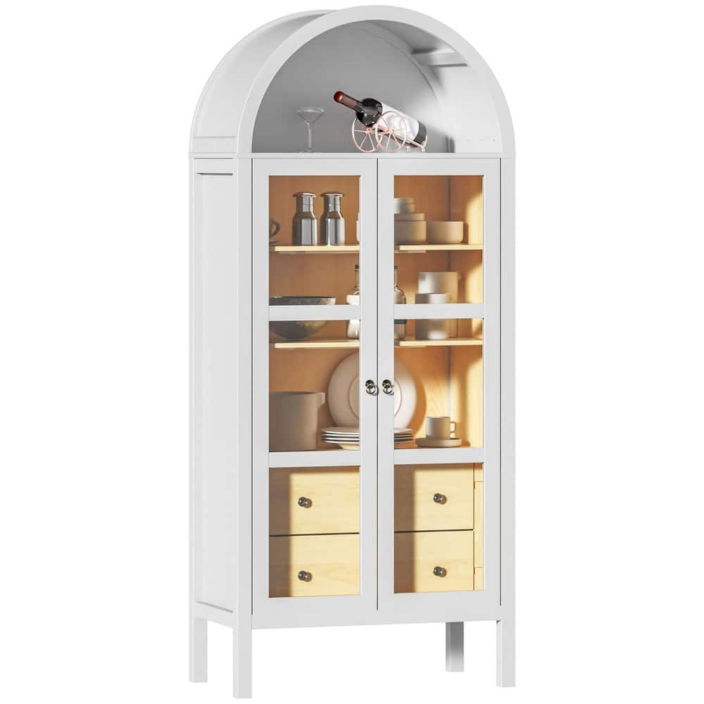 Modern Arched Cabinet with Glass Doors,72" Tall Arch Storage Cabinet with Height Adjustable Shelf and 2 Drawers Bookshelf