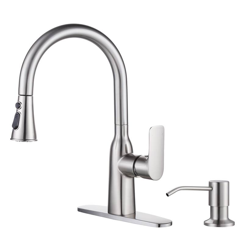 WOWOW Pull-Down Sprayer Kitchen Faucet with Soap Dispenser - Brushed Nickel