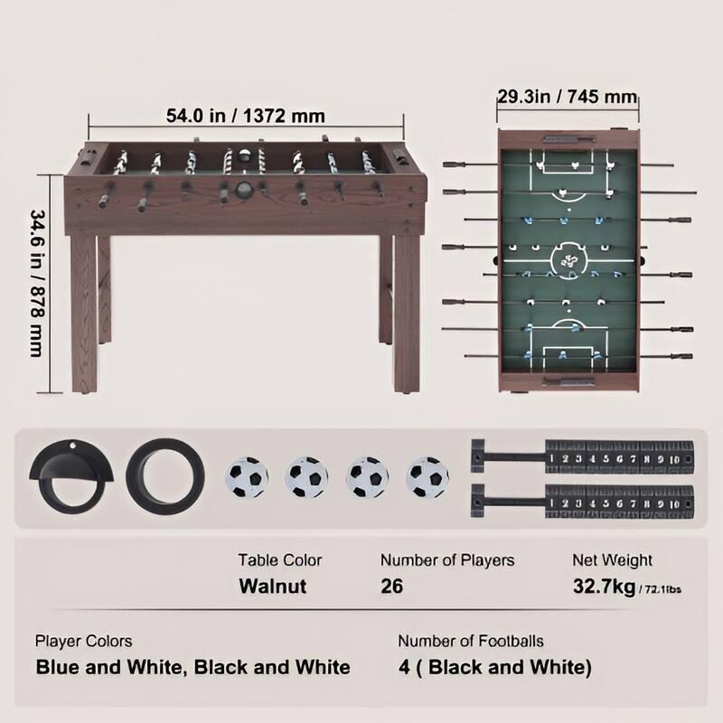 Black-Brown MDF Foosball Table with Cup Holders and Scorekeeper - 54” L x 29” W x 34.6” H