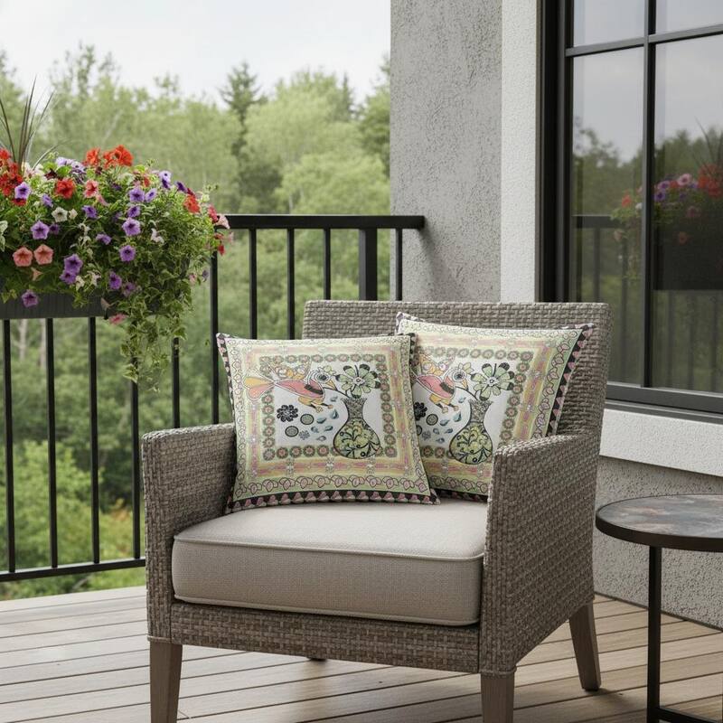 HomeRoots Set of Two 16" X 16" Green and White Peacock Blown Seam Floral Indoor Outdoor Throw Pillow - 16.00' X '16.00' X '5.00 - Green/White - 16.00' X '16.00' X '5.00