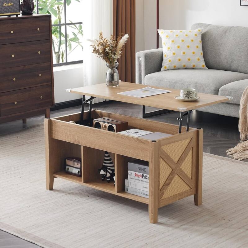 VINGLI Rectangular Oak-colored Particle Board with Bamboo Rattan Weaving, Extendable and Liftable Coffee Table - Oak