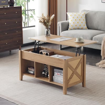 VINGLI Rectangular Oak-colored Particle Board with Bamboo Rattan Weaving, Extendable and Liftable Coffee Table