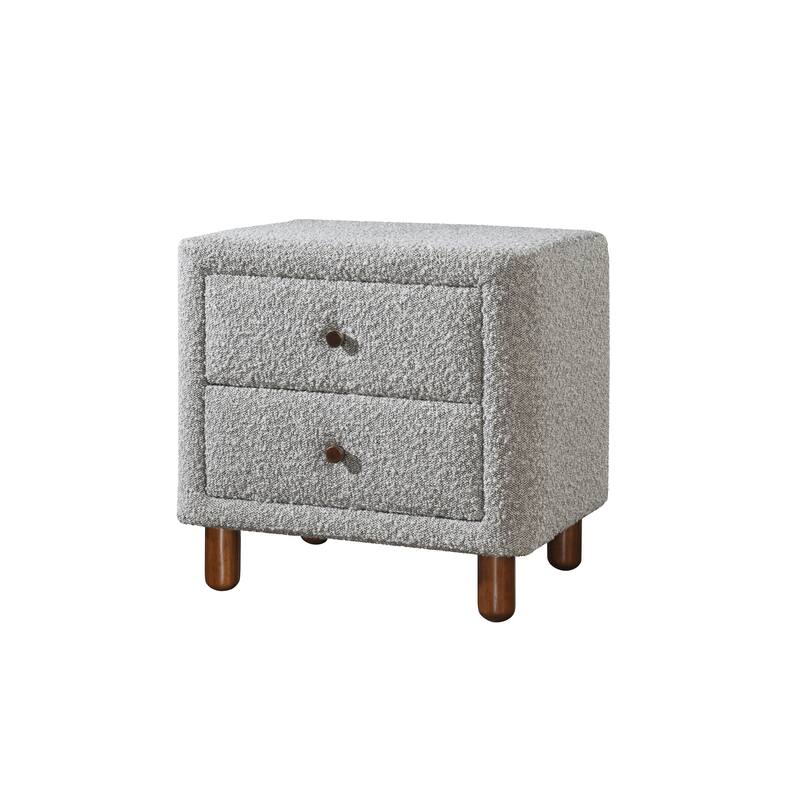 Contemporary Wooden Nightstand with Metal Drawer and Boucle Fabric
