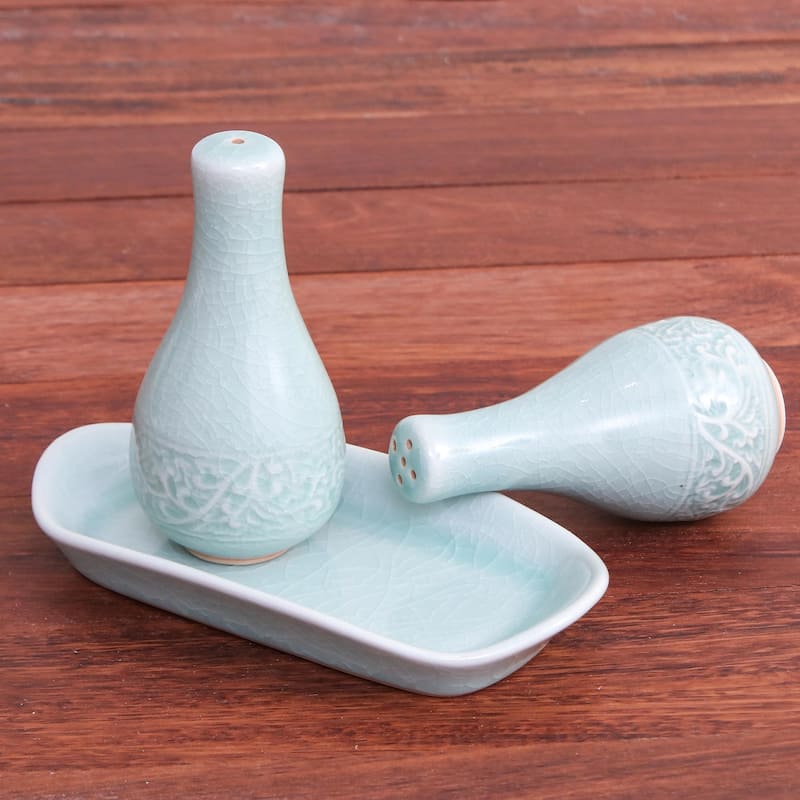 Novica Handmade Thai Spring Celadon Ceramic Salt And Pepper Set (3 Pieces)