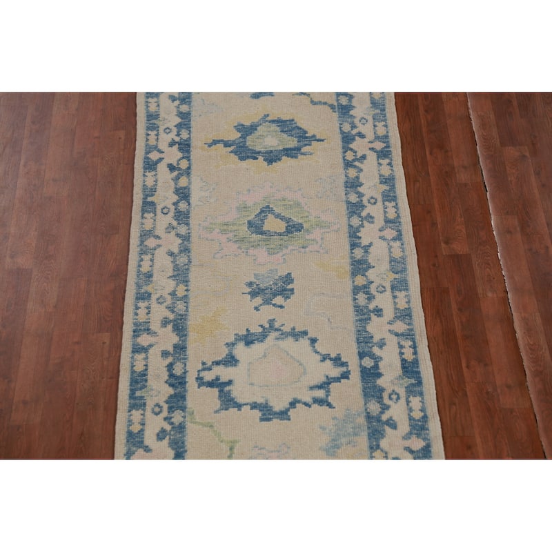 Hand Knotted Oriental 100% Wool Carpet Transitional Floral Beige & Ivories Oushak Runner Rug - 13' 8'' X 2' 11''