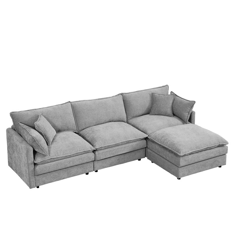 L Shaped Modular Sectional Sofa with Movable Ottoman, Chenille Upholstered Cloud Couch, Deep Seat Sofa with Pillow
