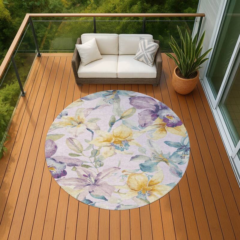 Machine Washable Indoor/ Outdoor Modern Floral Chantille Rug - Lavender - 8' x 8'