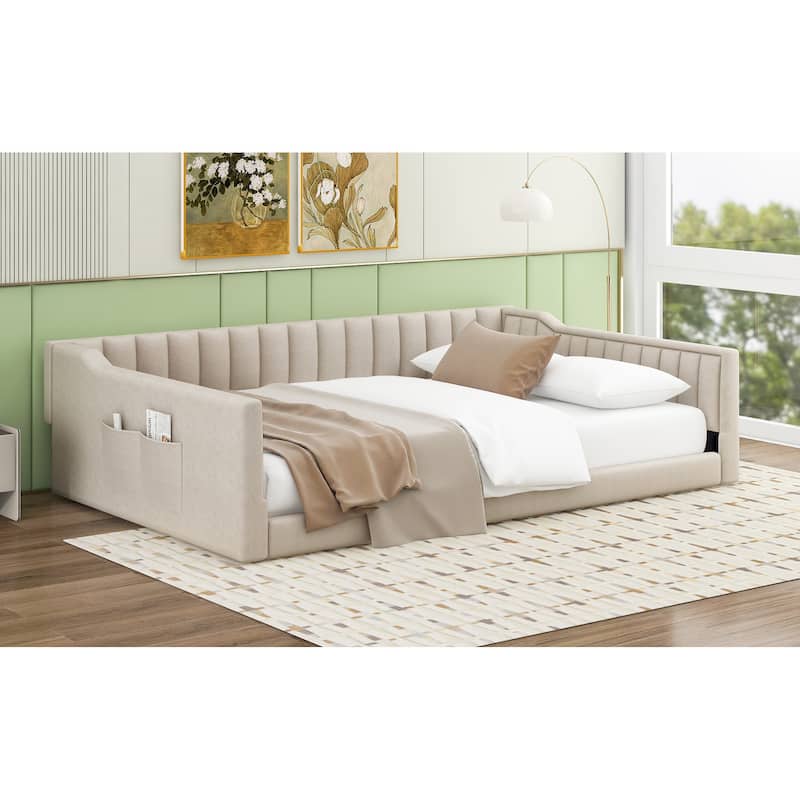 Roomfitters Twin/Full XL Size Upholstered Daybed with Side Storage Pocket and Modern Frame