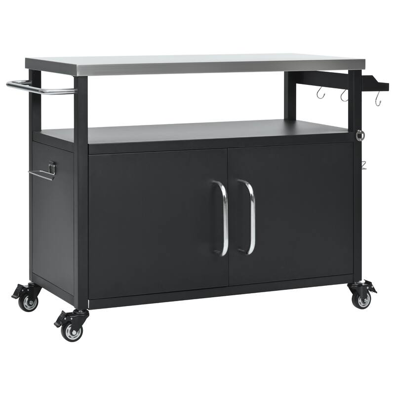 Metal Kitchen Island with Stainless Steel Tabletop, Rolling Spice Storage Cabinet w/Towel Rack and 4 Lockable Wheels for Kitchen