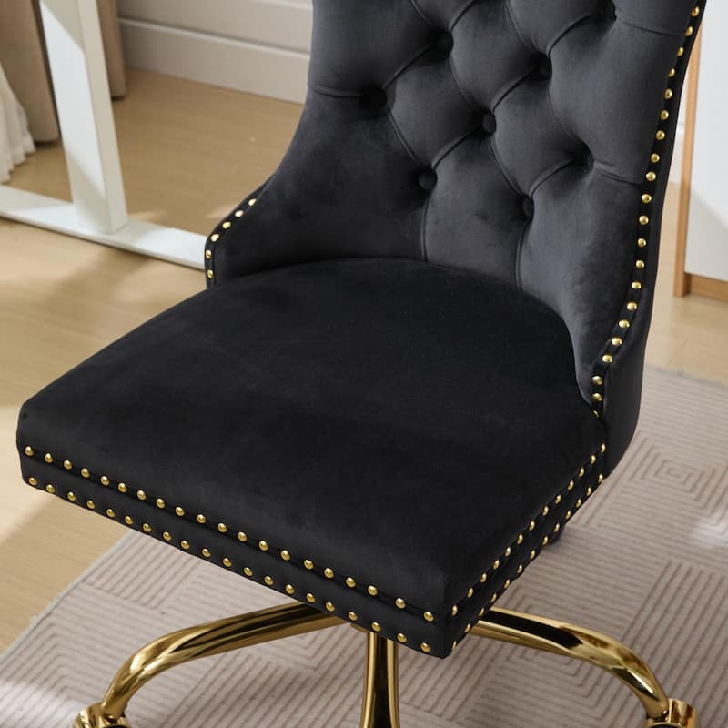 A&A Gray Velvet Tufted Home Office Chair with Golden Metal Base - Adjustable Swivel Desk Chair